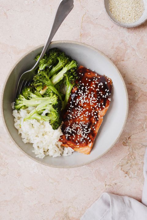 Hoisin-Glasert Salmon with Broccoli and Sesame Rice Vertical