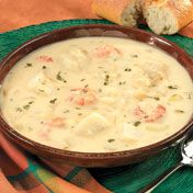 garnaal and white fish simmer quickly in a creamy potato broth spiked with sauteed onion, garlic and dill.