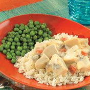 Dette creamy chicken with diced green or red peppers makes a perfect topping for rice or potatoes, and is a family favorite.
