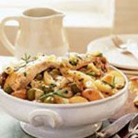  fragrance of Rosemary-Garlic Chicken spiked with zesty green olives will entice hungry guests into your kitchen. This dish yields a savory broth; serve it along with a crusty loaf of French bread for dipping.