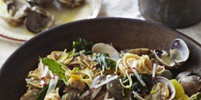 engel hair pasta with clams radishes spinach