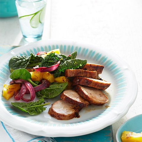 condiment rubbed pork tenderloin with pineapple and spinach salad
