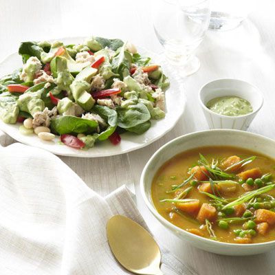 spanac salad with tuna and avocado and ginger spiced carrot soup with green onions