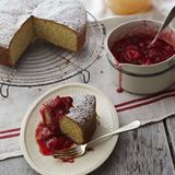 oliven oil cake with strawberry rhubarb compote