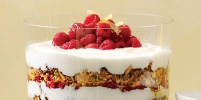yogurt parfait with granola raspberries and candied ginger