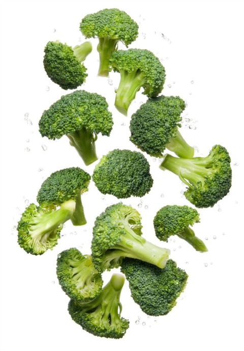 Sunn eating clean organic fresh vegetable Broccoli flying and bouncing up into the air in studio on a white background for wellness