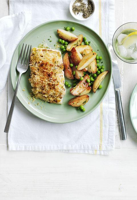 crocantes cod with pan fried potatoes and peas