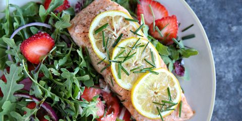 bakt Salmon with Strawberry-Arugula Salad Recipe