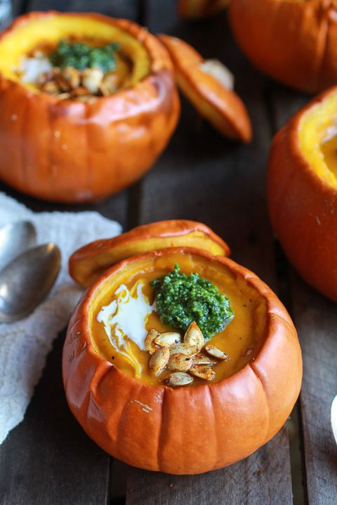 Servindo pumpkin soup in a pumpkin is about as meta as it gets. Get the recipe from Half Baked Harvest.